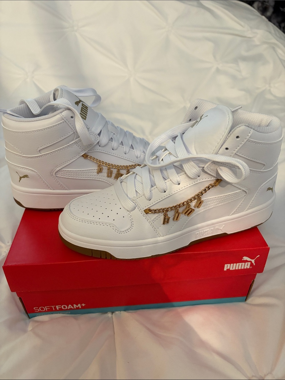 Puma White High-Top Sneakers with Gold Chain Detail